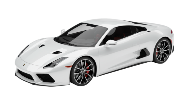 A pristine, sleek, futuristic white modern sports car with aerodynamic design, polished reflective exterior, and tinted windows, from a precise top-down view against a transparent minimalist studio
