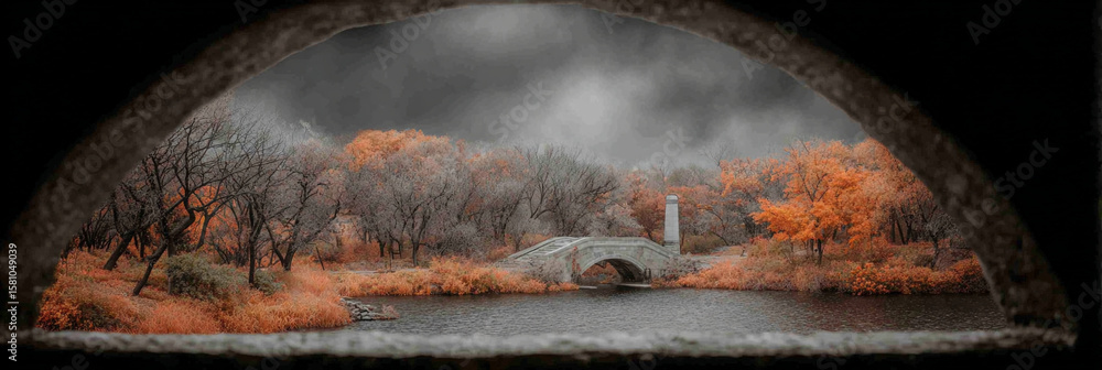 Poster view through an archway of a bridge over water surrounded by trees and cloudy skies