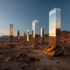 Golden hour illuminates a series of reflective pillars in a desert landscape.  A surreal and captivating scene.