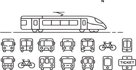 Modern Transportation Line Icons - High-Speed Train & Various Urban Transit Vehicles , png transparent icon

