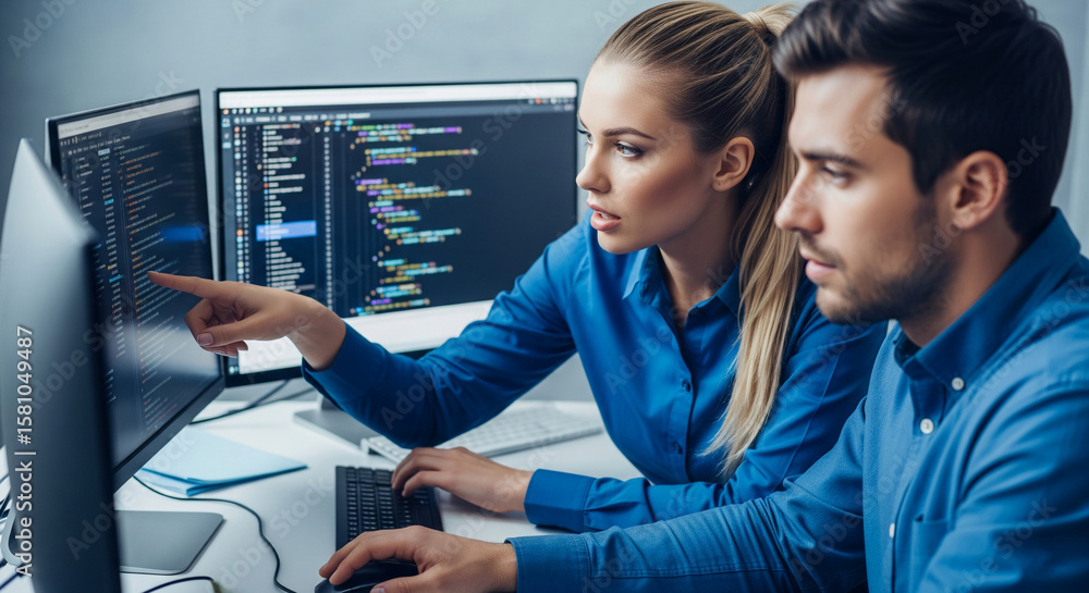 Poster two programmers, woman and man, in blue shirts, work together on computer code, collaborating on a p