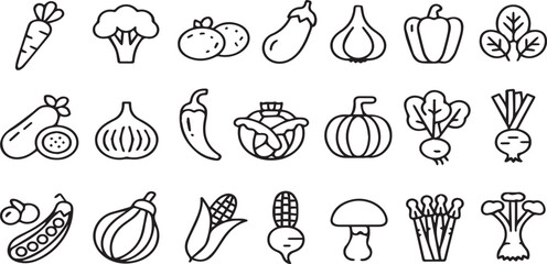Vegetable Outline Icons Set - Fresh Produce, Healthy Eating & Garden Produce Symbols

