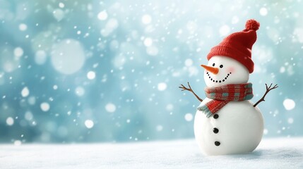 Fototapeta premium Cheerful snowman with red hat and scarf in winter wonderland.
