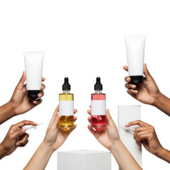 Diverse hands holding beauty products and droppers isolated on transparent background