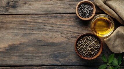 Minimal flat lay with castor oil, seed pods in small bowls, wooden background