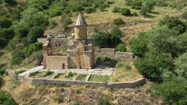Aerial footage of the Spitakavor Monastery in Vernashen village in Vayots Dzor Province, Armenia
