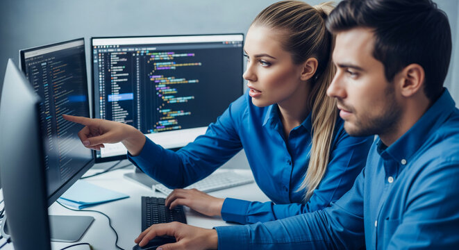 Two programmers, woman and man, in blue shirts, work together on computer code, collaborating on a project, showcasing teamwork and software development