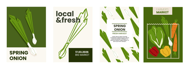 Fresh spring onion illustration. Simple posters with vegetable for farmers market advertising. Vector templates with copyspace. Set of harvested salad vegetables in minimal hand drawn and flat style.