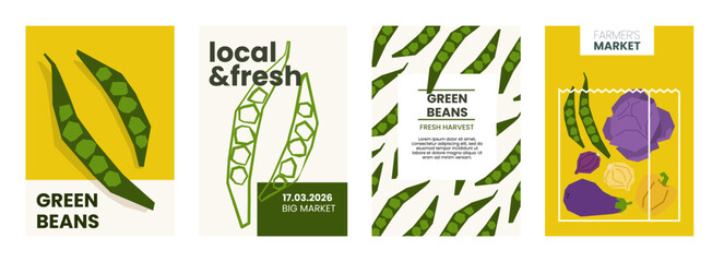 Fresh green beans illustration. Simple posters with organic vegetable for farmers market advertising. Vector templates with copyspace. Set of harvested vegetables in minimal hand drawn and flat style.