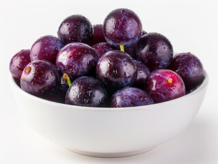 Jamun (black plum) fruit in a white bowl, shiny deep purple skin, photorealistic texture on white background