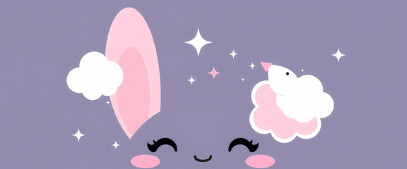 Halftone vector of a kawaii AR filter with animated bunny ears, pink blush, sparkles, and pastel clouds.
