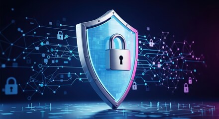 Digital shield and padlock symbolizing cybersecurity and data protection in a connected network