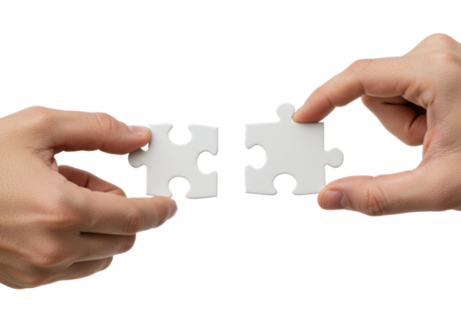 Two clean adult hands bringing two transparent jigsaw puzzle pieces together on a plain white studio background with bright shadowless lighting. Concept of connection and collaboration