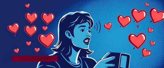 Vector halftone of an influencer livestreaming breaking news, with animated hearts turning into sirens and broken hearts.
