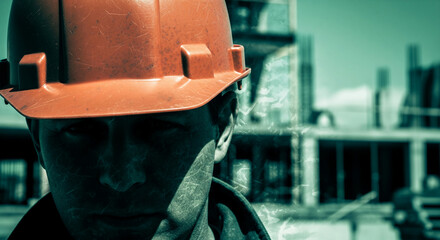 Close-up of worker wearing orange hard hat, blurred construction site background, conveying themes of labor, industry, and construction