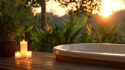 Serene outdoor spa setting at sunset with candles and lush greenery in the background