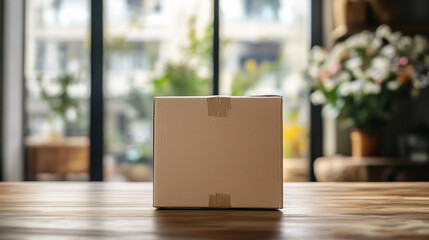 A woman works at a wooden desk with a laptop and notebook in a home office room filled with cardboard moving boxes on the floor