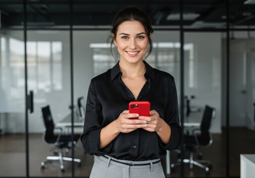 Smiling professional woman in black shirt and grey pants holding a red smartphone in a modern office setting