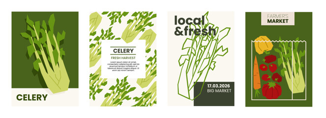 Fresh celery illustration. Simple posters with organic vegetable for farmers market advertising. Vector templates with copyspace. Set of harvested vegetables in minimal hand drawn and flat style.