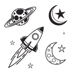 Space rocket planet moon stars icons vector
