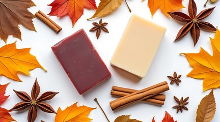 Handmade soap with autumn leaves and spices on white background