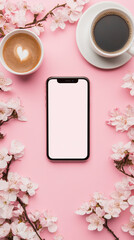 A blank smartphone display sits beside a cup of coffee with rose petals on a digital business desk featuring modern communication technology and smart design