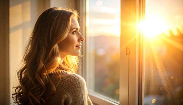 Woman looking out window at sunset