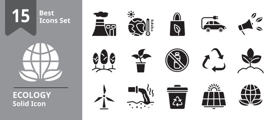 Solid icon set illustrating ecology concepts including recycling, renewable energy, nature preservation, clean water, and environmental protection, ideal for sustainability campaigns, educational.