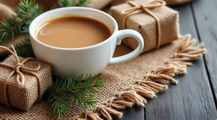 A cup of coffee with christmas gifts on a burlap cloth