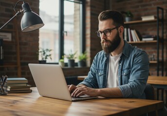 Focused bearded man wearing glasses and denim shirt working on a laptop in a modern loft office with plants