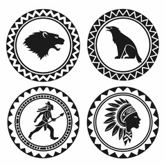 Tribal animal and warrior emblems badge border