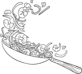 A dynamic line art illustration of a wok tossing various ingredients including shrimps, vegetables, and seasonings into the air, depicting the action of stir-frying. Ideal for cooking, food.