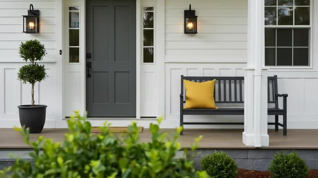Stylish Modern Front Porch of a Residential Home with a Dark Gray Door, White Siding, Inviting Bench, and Classic Exterior Design for ultimate Curb Appeal.