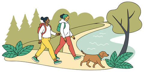 Obraz premium Friends walking their dog on a lakeside trail, sharing smiles and nature’s beauty, in modern flat illustration style