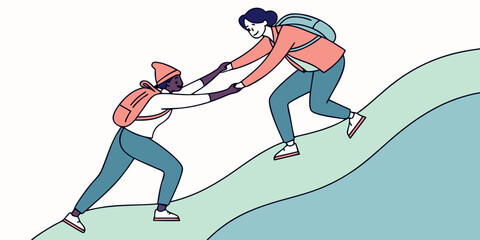 Obraz premium Two people climbing a gentle mountain slope with water views behind them, helping each other, in modern flat illustration style