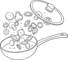 Line art illustration showcasing a frying pan with its lid removed, and various vegetables like bell peppers, mushrooms, and tomatoes dynamically floating or being tossed above it. This image conveys.