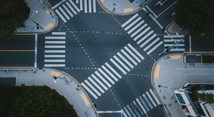 Aerial view of urban intersection with crosswalks and geometric patterns showcasing city infrastructure