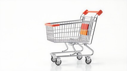 Supermarket cart isolated on white background, highlighting metal and plastic details in clean product showcase.