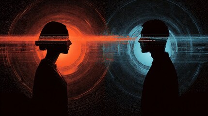 Man and Woman Silhouette with Red and Blue Circles