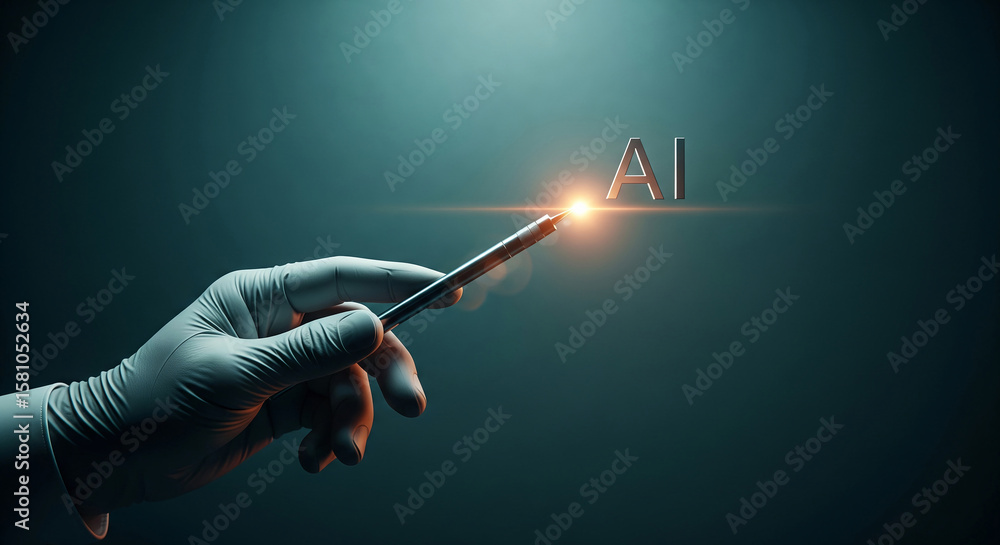 Fototapete gloved hand holds stylus, pointing at illuminated ai lettering on dark teal background, showcasing t