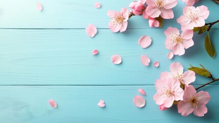 Delicate pink blossoms and petals on a light blue wooden surface.