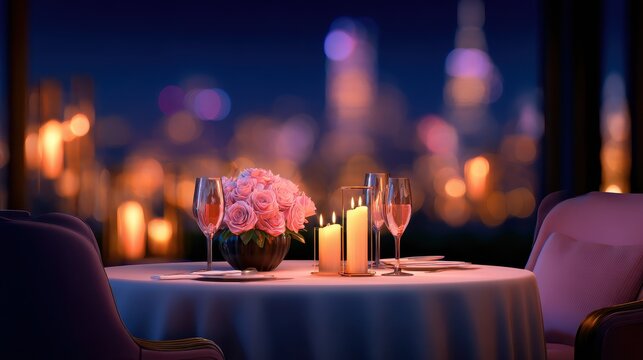 Romantic dinner setting with a floral centerpiece and elegant tableware against a city skyline