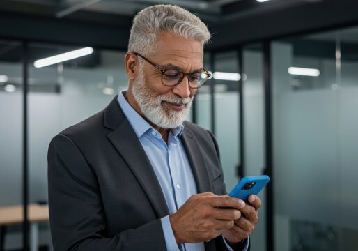 Smiling distinguished senior businessman with gray hair and beard using a blue smartphone in a modern office setting