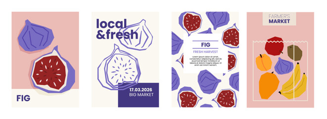Fresh fig illustration. Simple posters with organic fruits for farmers market advertising. Vector templates with copyspace. Set of harvested vegetables in minimal hand drawn and flat style.