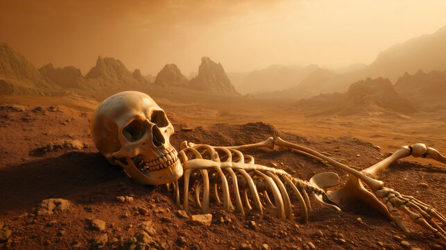 A human skeleton left behind on Mars, buried beneath the Martian soil on the Red Planet.




