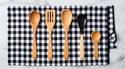 Wooden kitchen utensils are arranged on a checkered cloth