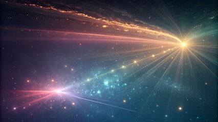 Colorful particles and glowing trails move through deep space. Abstract cosmic background symbolizing energy, speed, light, and futuristic technology.