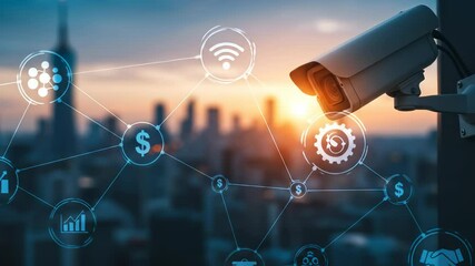 Smart City Security: A surveillance camera overlooks a vibrant urban network, symbolizing integrated technology, digital connectivity, and business protection at sunset. - Powered by Adobe