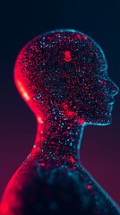 A digital humanoid silhouette illuminated by red and blue glowing dots symbolizes artificial intelligence and data networks.