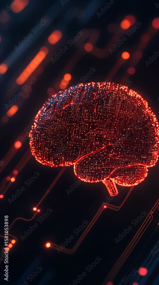Poster digital illustration of a glowing, circuit-like brain representing artificial intelligence and advan